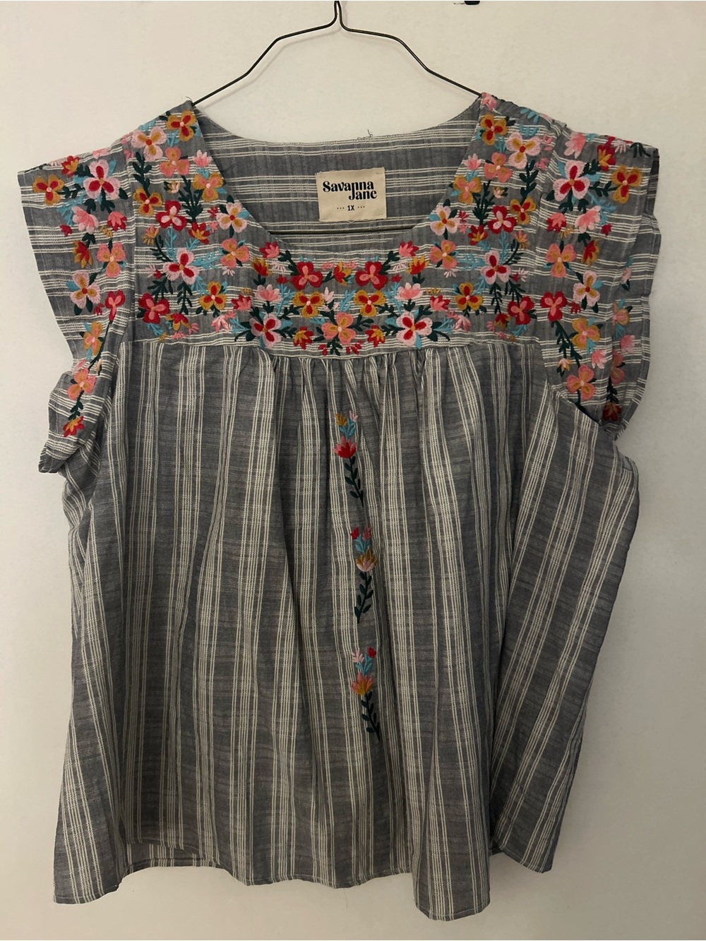 Savanna Jane Blue and White Striped Embroidered Floral Top